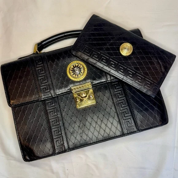 2 FER - Vintage Gianni Versace Brief Case Style Handbag & Matching Wallet - Picture 1 of 15